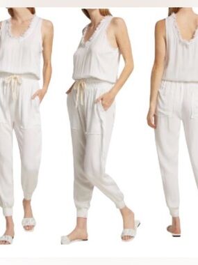 NWT Ramy Brook Ray Jumpsuit
Ivory Fringe Trim Sleeveless
Jogger One Piece Size L